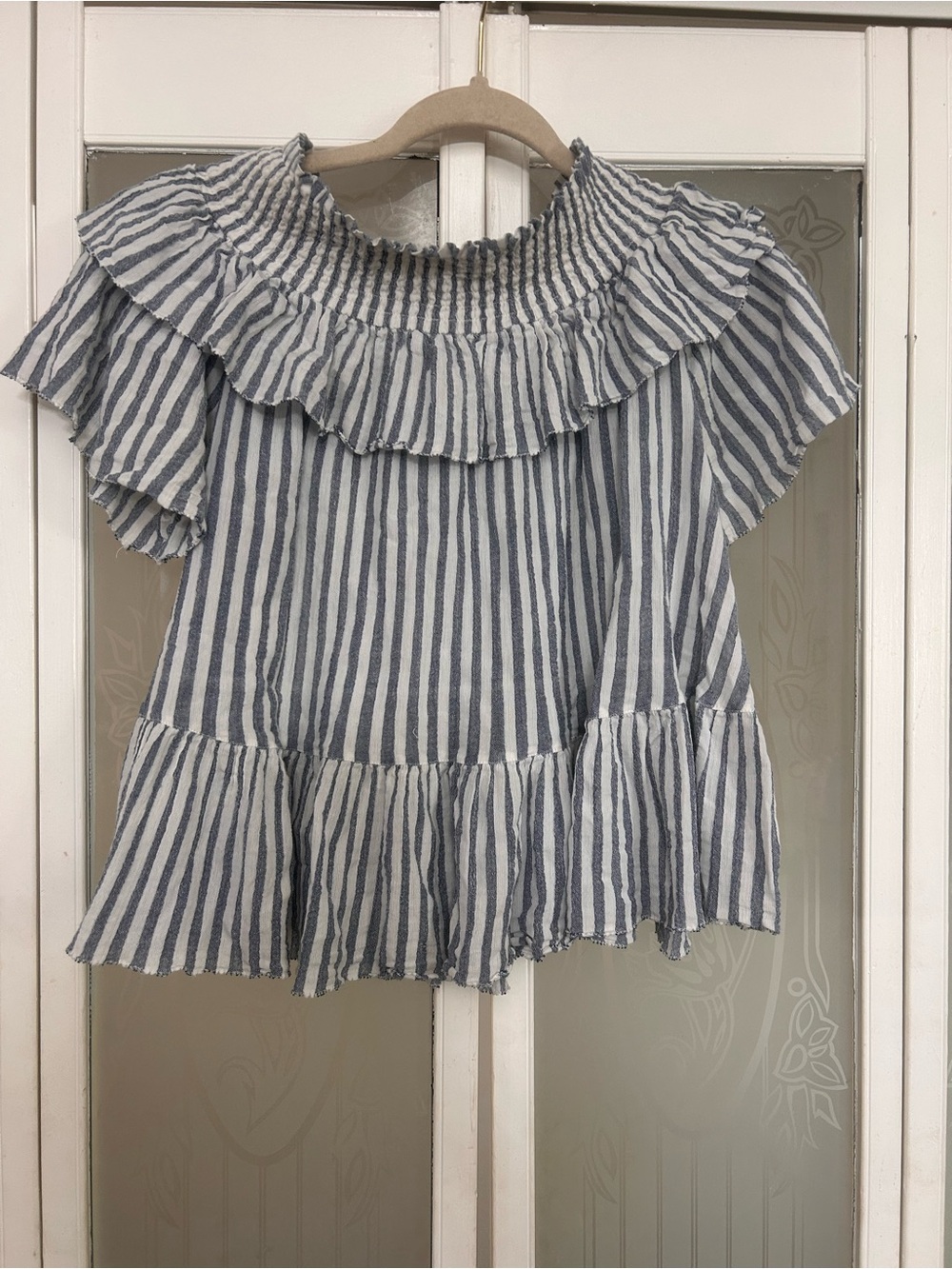 Ulla Johnson Blue and White Striped Ruffled Cotton Blouse